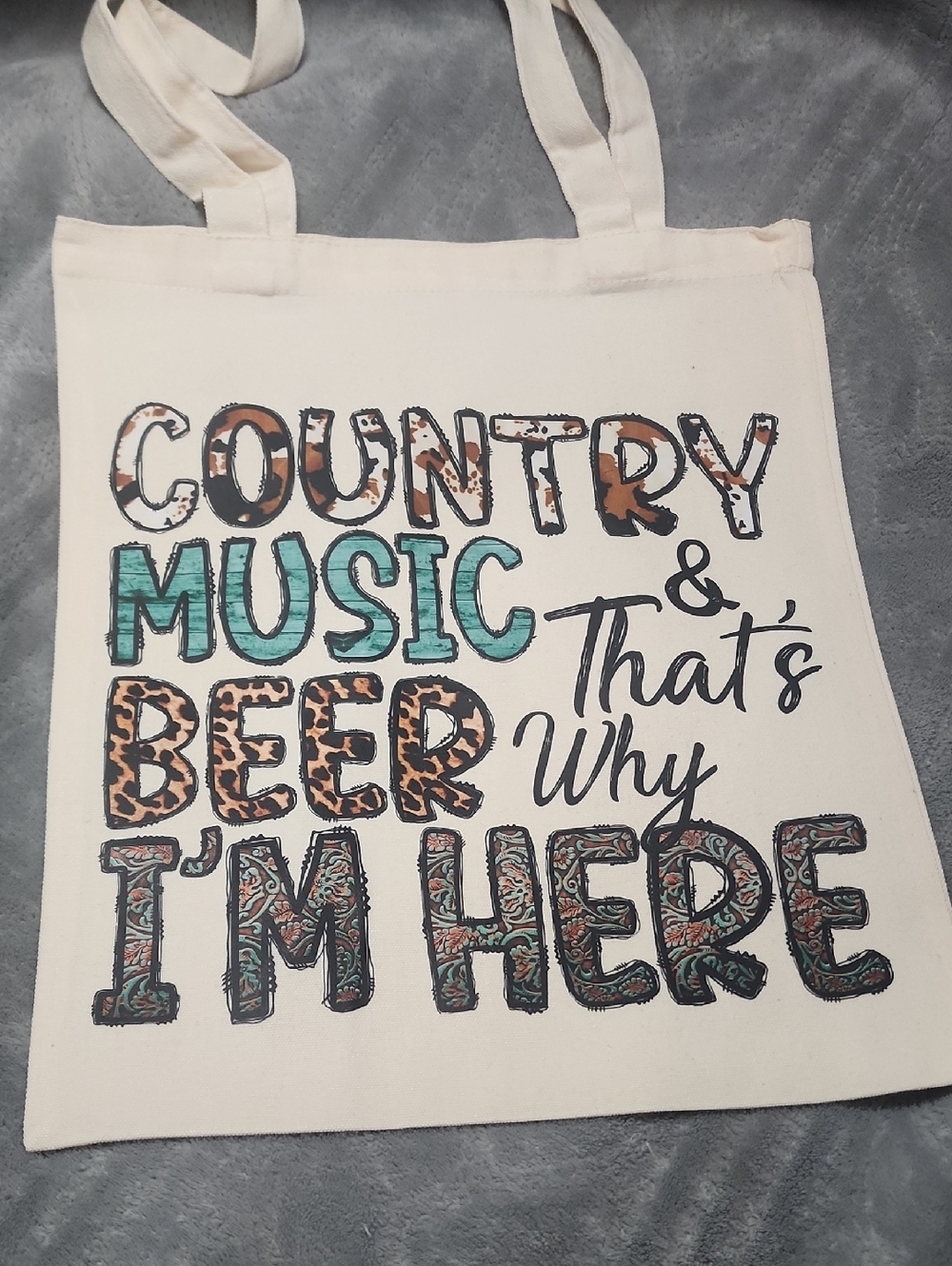 Country Music & Beer Graphic Canvas Tote - Cream with Teal & Brown Accents 13x15